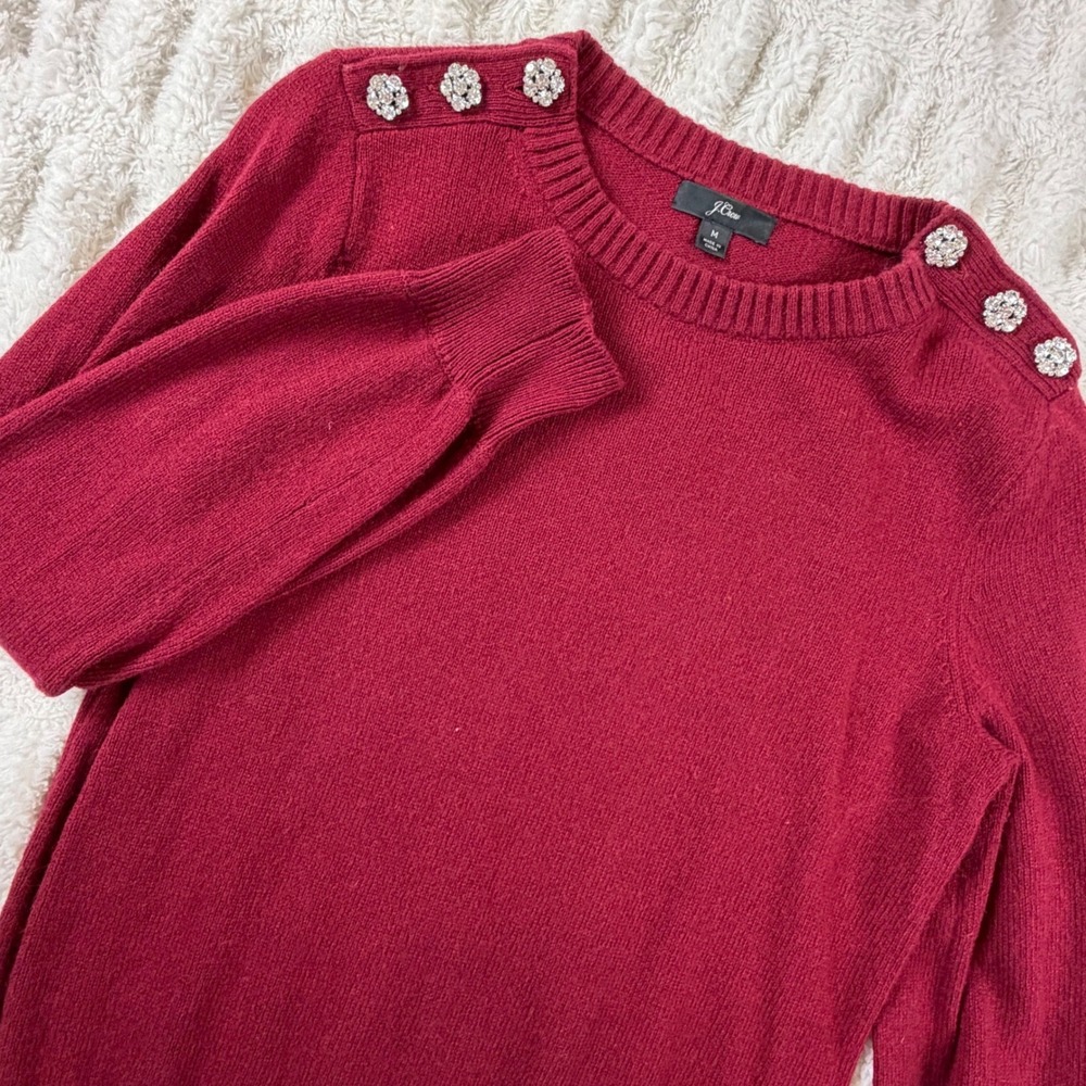 J.Crew Womens Burgundy Lambswool Blend Rhinestone Shoulder Crewneck Sweater M